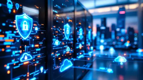 Sleek server room glowing digital shields data streams secure clouds singapore cityscape cybersecurity