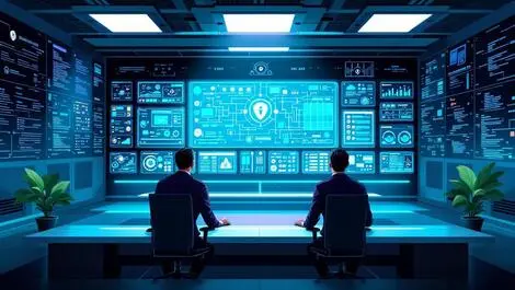 Futuristic security operations center digital screens cyber threat indicators modern cybersecurity defense technology