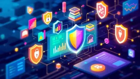 Digital dashboard interconnected software components security shields third party software risk management supply chain cyber defense modern vivid colors