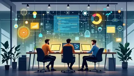 Modern office software developers collaborating ai coding network tech