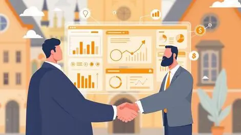 Digital dashboard financial graphs charts business handshake european architecture