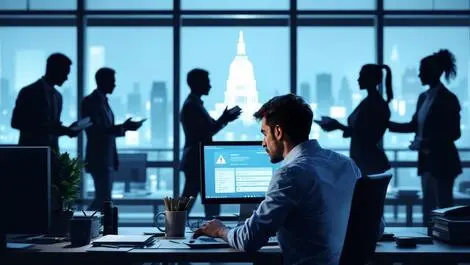 Worried bank employee alert computer shadowy figures exchange money modern british bank office