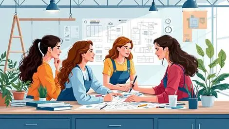Women engineers collaborating technical blueprints modern workspace teamwork