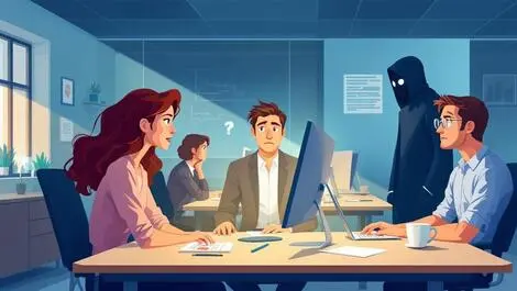Modern european office employees computers digital security risk shadowy figure