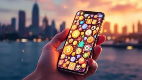 Realistic smartphone digital crypto wallet australian sydney skyline
