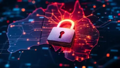 Realistic illustration broken digital padlock over australia map data breach