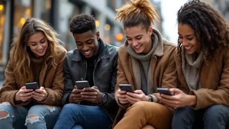 Photorealistic group young british people urban uk daylight smartphones