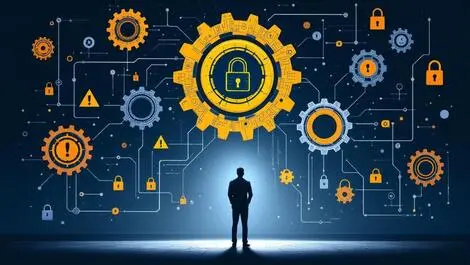 Businessman brain shaped gears ai security warning symbols business automation