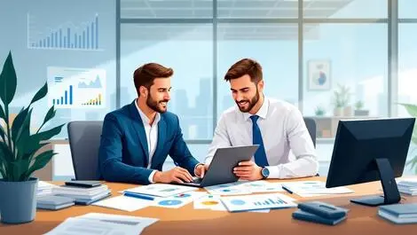 Realistic illustration two accountants collaborating desk laptops financial documents digital graphs modern office australia new zealand
