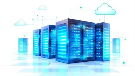 Modern data center server racks glowing blue green lights cloud connections tech growth