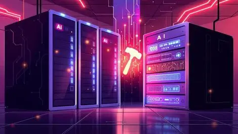 Digital attack ai server racks glowing hammer icon circuitry vulnerability