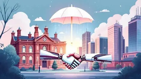 Classic british university with corporate offices umbrella ai handshake