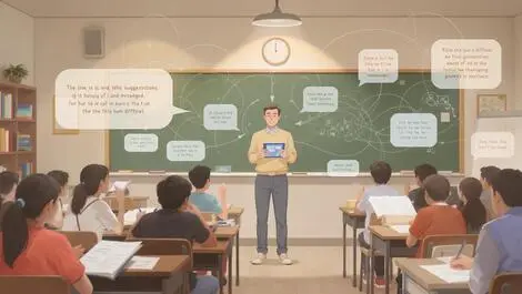 Classroom teacher guiding students with ai tablet assisting essays