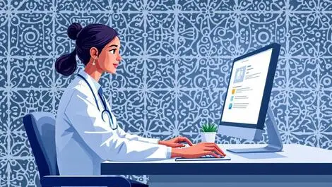 New zealand doctor using computer clinic desk maori pattern health tech