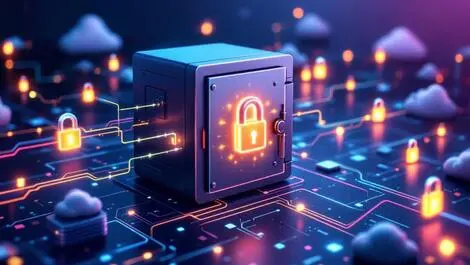 Realistic digital data vault glowing locks secure data flow hybrid cloud