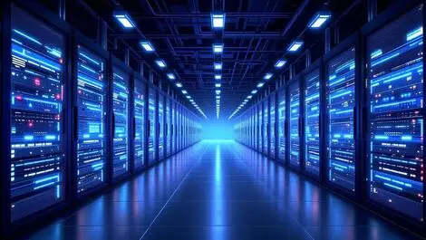 Modern european data center interior rows sleek server racks glowing light