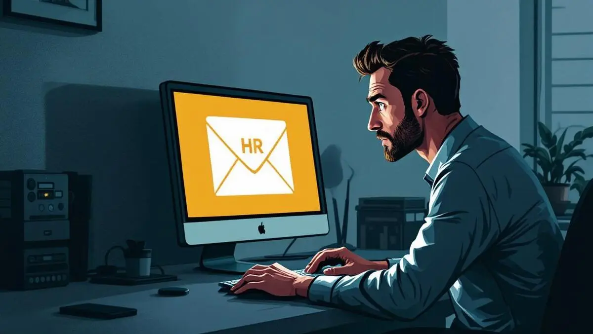 Realistic office worker opening suspicious internal email at desk cautiously