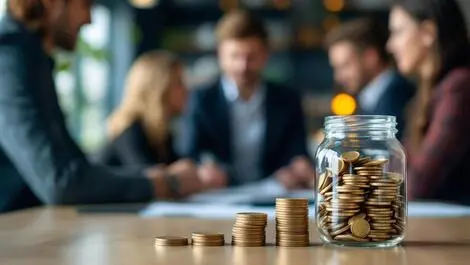 Professional office new zealand employees discussing salary transparency coins jar