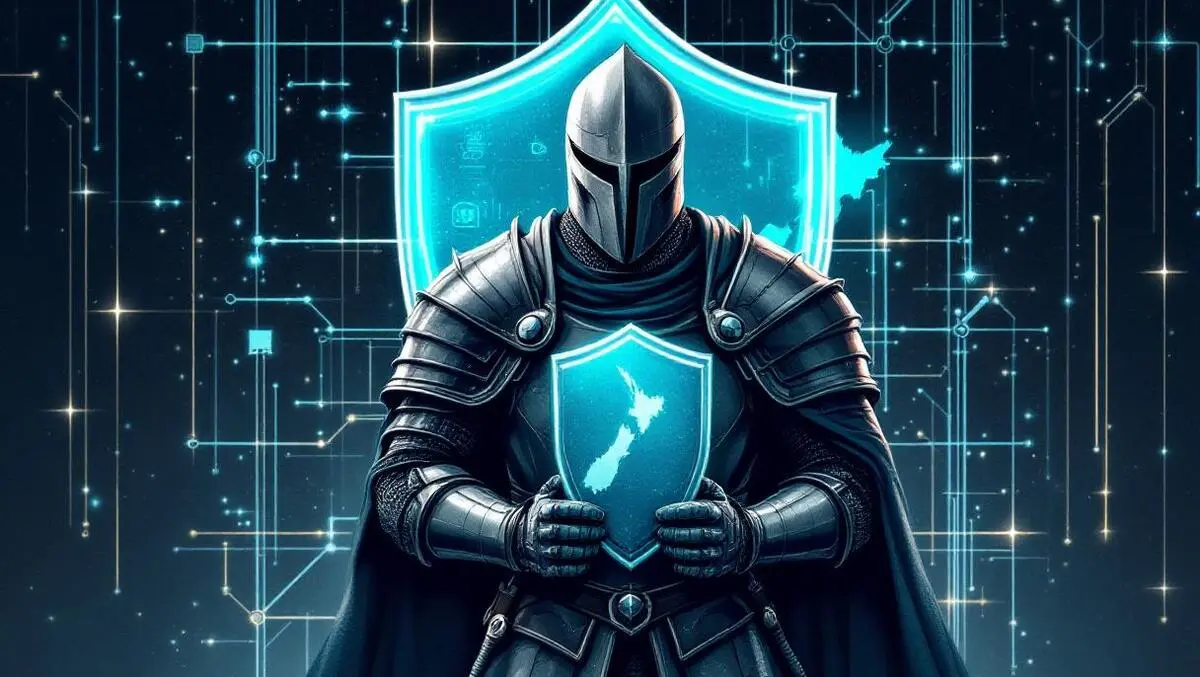 Medieval knight digital shield and new zealand map cyber defense illustration