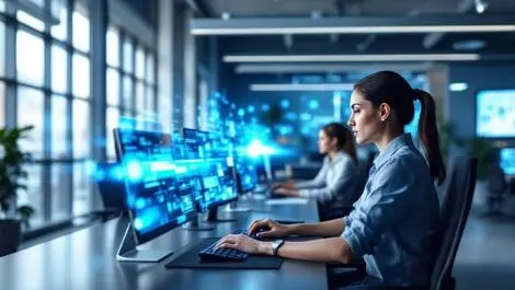 Modern uk office employees using sleek desktop computers ai tech overlay