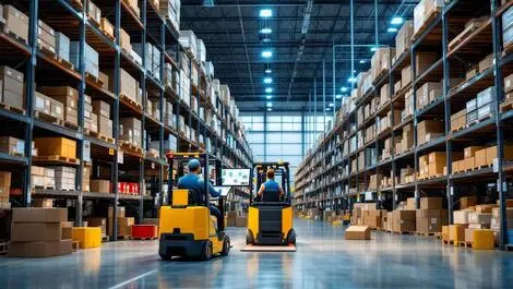 Modern warehouse interior australia new zealand shelves forklifts barcode scanners digital screens logistics