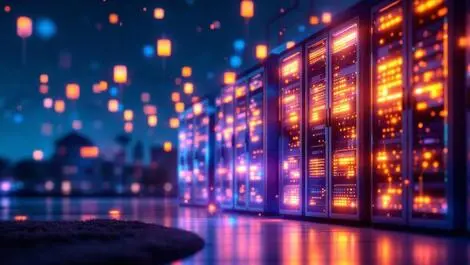 University campus building glowing computer servers digital infrastructure it support