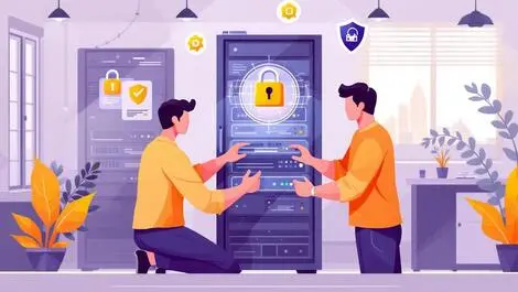 Indonesian it professionals configuring secure server cybersecurity icons