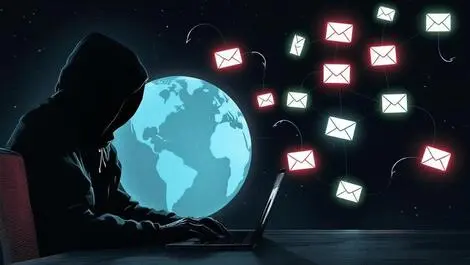 Hooded figure computer phishing hooks globe email icons global threat