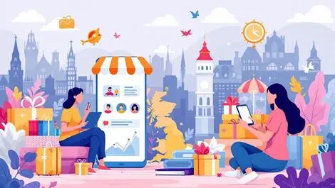 Colorful online shopping people phones travel suitcases giftboxes uk europe