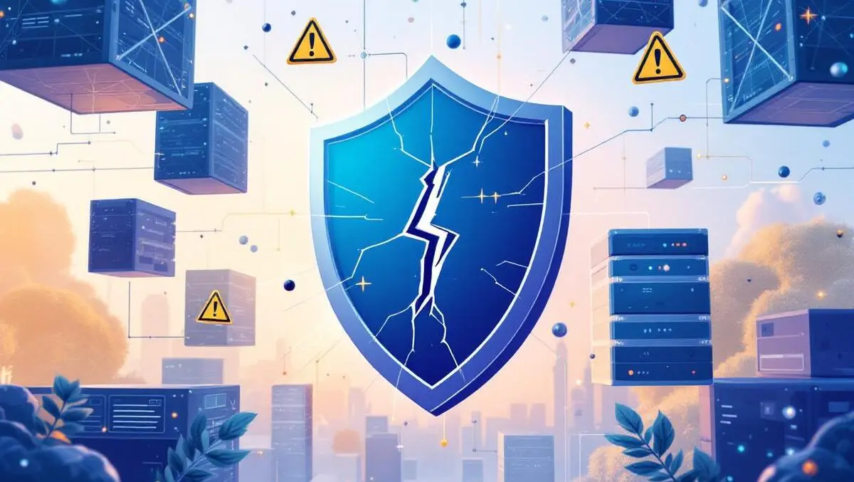 Digital shield with crack and floating server racks warning symbols cybersecurity risk ai