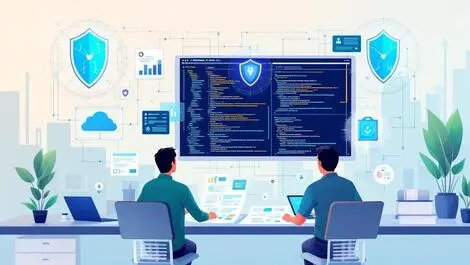 Developers engineers collaborating architectural diagrams code security modern office