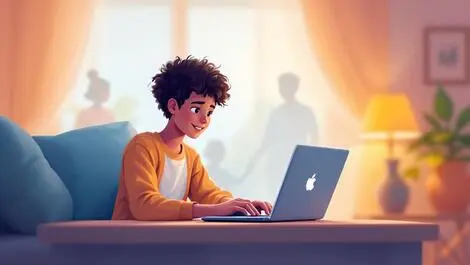 Digital illustration teenager using laptop home online safety guidance us
