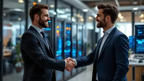 Business professionals shaking hands modern dublin office it acquisition