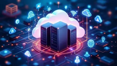 Detailed illustration interconnected servers cloud icons network lines hybrid cloud monitoring automation ai