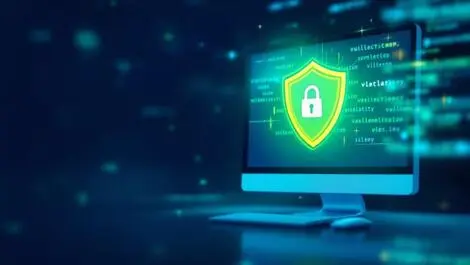 Realistic computer with shield on screen surrounded by digital code for cybersecurity