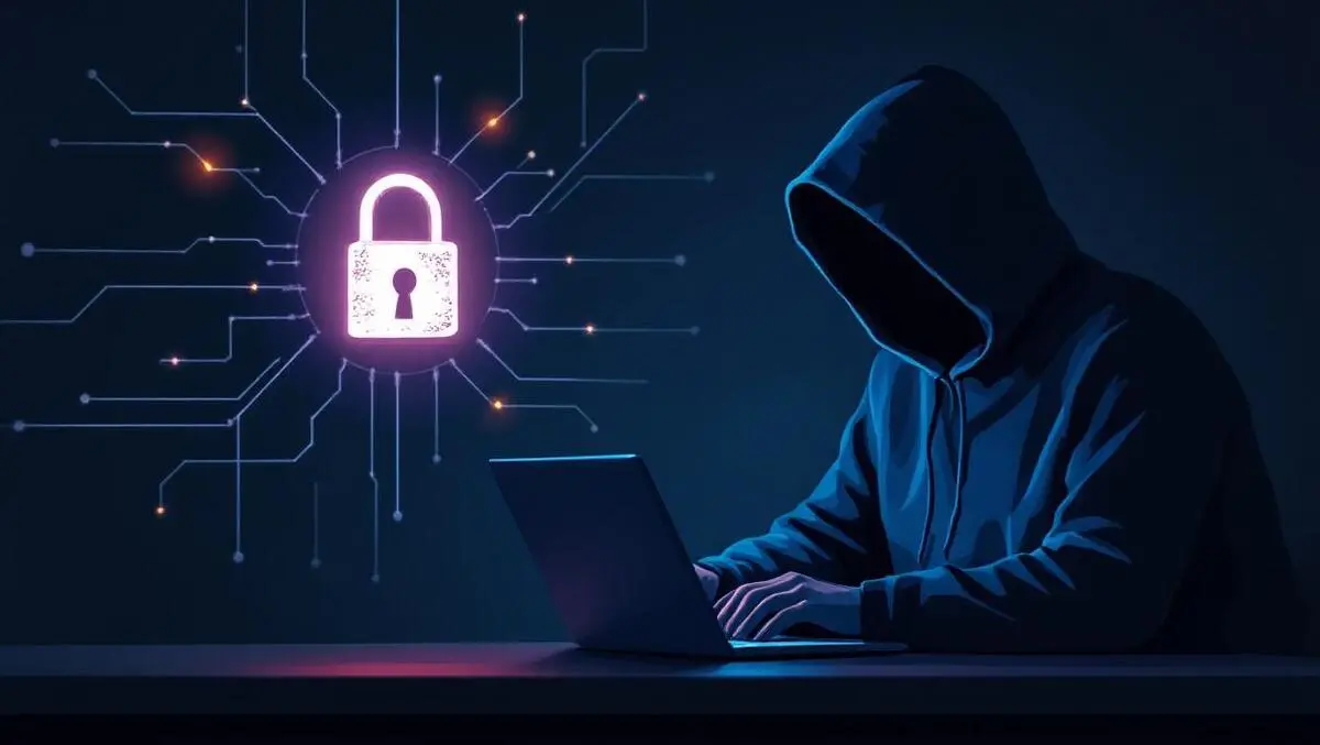 Hooded figure dark room laptop digital network lines glowing padlock cyber threats