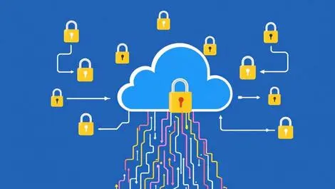 Illustration cloud surrounded by digital padlocks one open data streams leaking