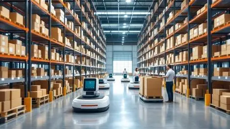 Modern warehouse robots moving packages efficiently clean aisles workers