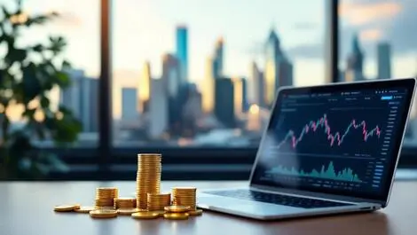 Modern office australian city skyline gold coins digital tokens financial charts crypto loans