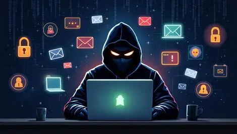 Digital illustration masked hacker computer phishing ransomware malicious emails