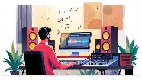 Sound designer at computer with waveforms music notes headphones speakers studio