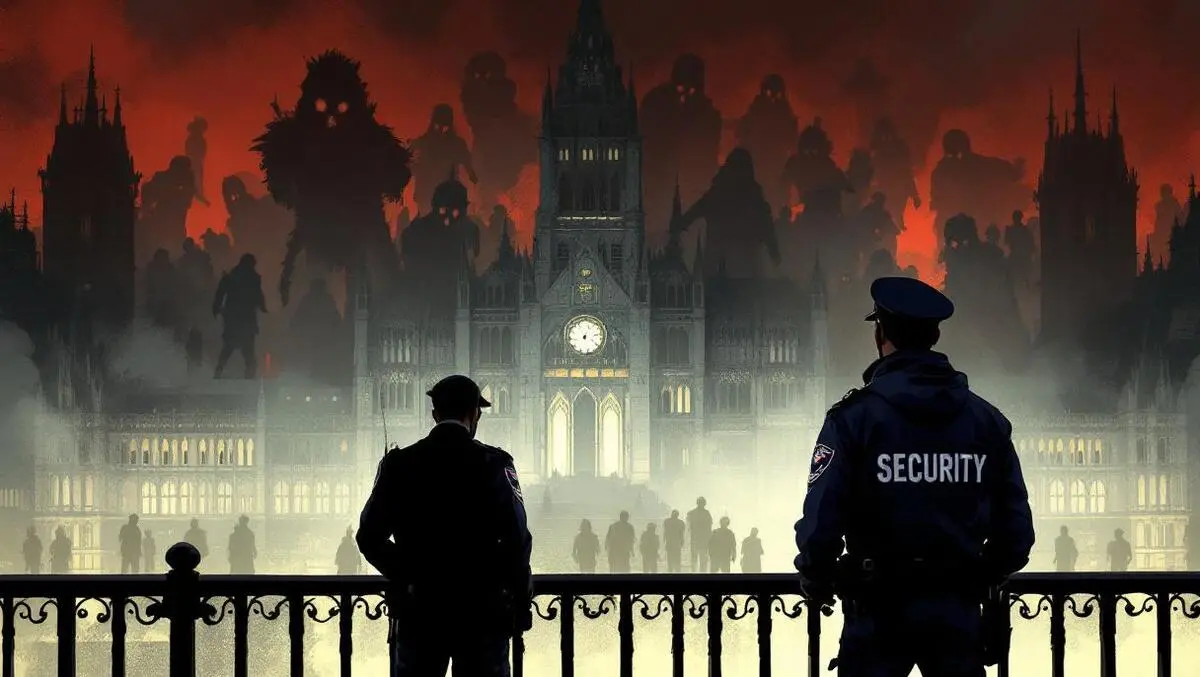 Vigilant security officer overlooking new zealand parliament with shadowy threats