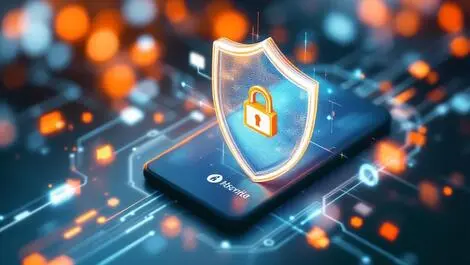 Shield lock icon over smartphone with encrypted data streams retail security