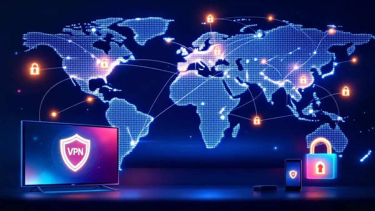 Glowing world map global network connections smart tv mobile vpn security