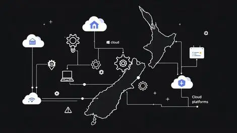 Automated cloud workflows gears flow diagrams new zealand map