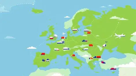 Illustration trucks ships planes moving goods across europe map green landscapes emissions