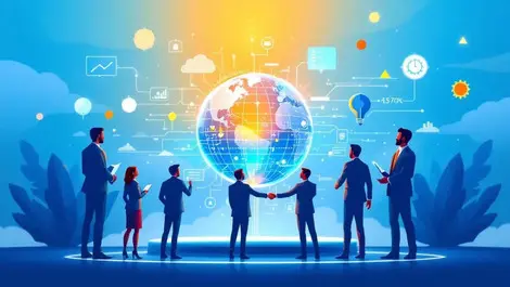 Business leaders major companies shaking hands discussing digital globe transformation innovation enterprise software