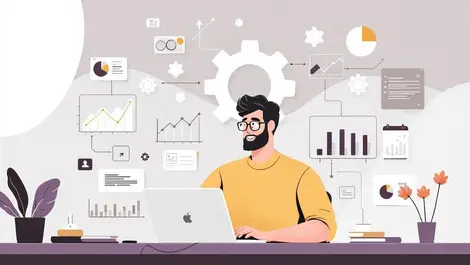 Small business owner working at desk with financial data automation graphs