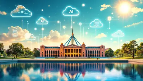 Australian parliament house digital cloud ai symbols bright sunlight growth