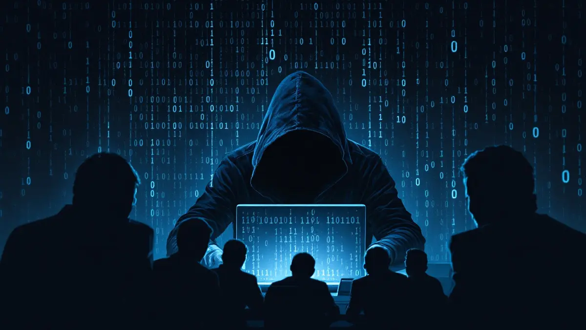 Tense hooded figure dark room binary code shadowy office workers risk